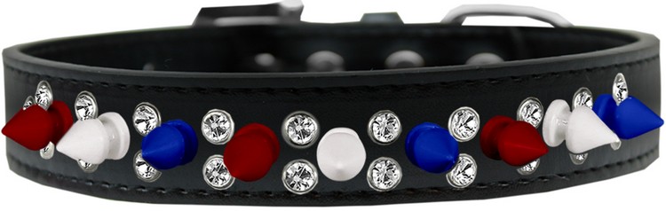 Double Crystal with Red, White and Blue Spikes Dog Collar Black Size 14